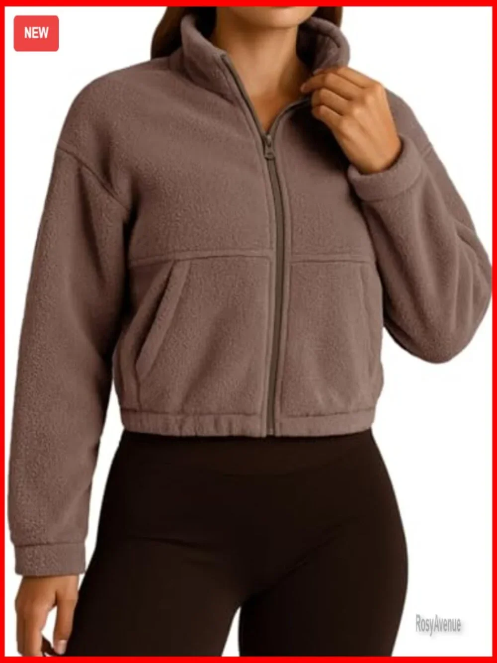 Women Fleece Sherpa Zip Up Cropped Jacket Full Zip Stand Collar Trendy Cozy - Picture 2 of 7